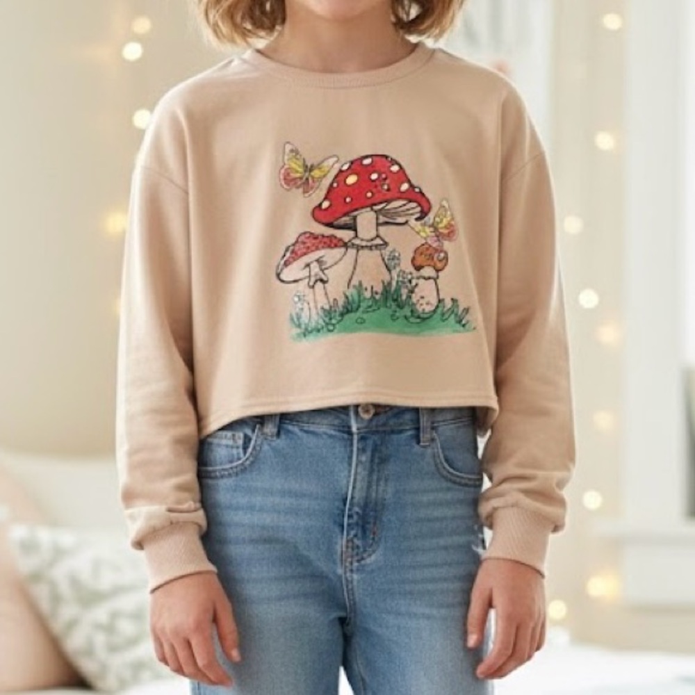 Shein Teen Mushroom & Butterfly Graphic Crop Sweatshirt Size 12-13Y Peach Beige